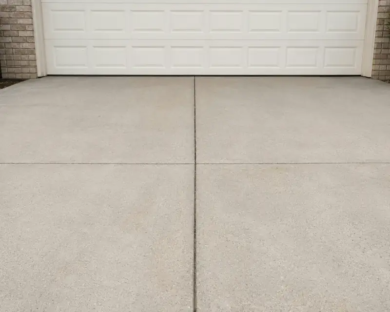 Clean broom-finish concrete driveway with control joints leading up to a white garage door and brick wall